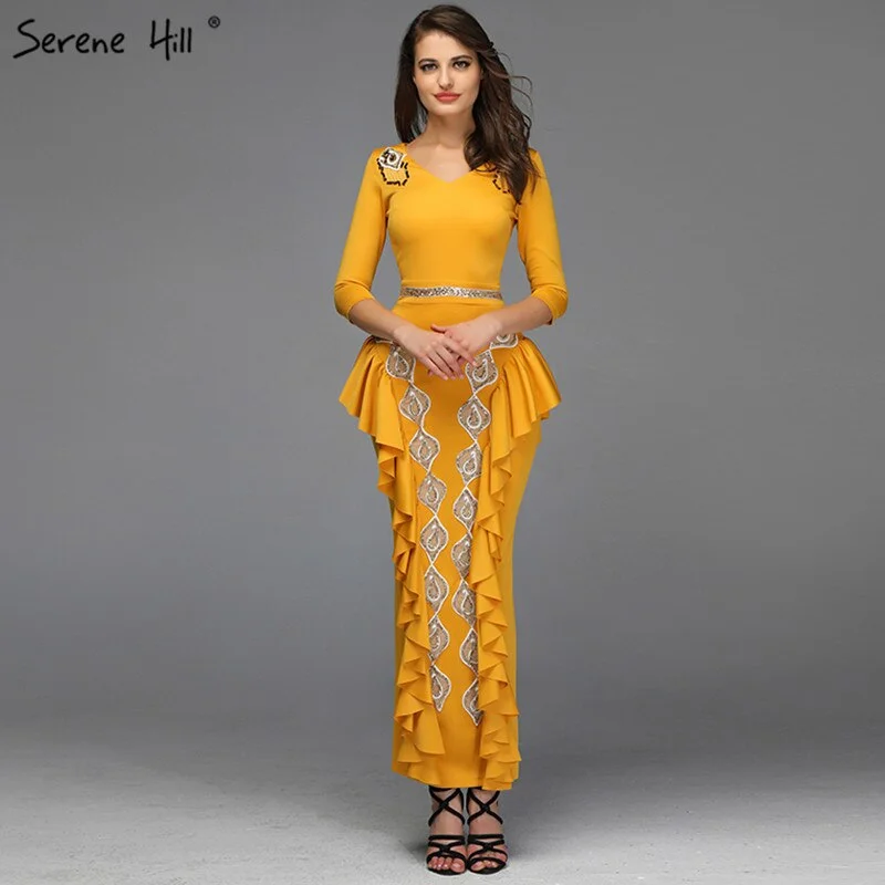 Yellow V-Neck Mermaid Sexy Evening Dresses 2024 Ruffles Sequined Ankle-Lenght Evening Gowns Design Serene Hill QA8037 Yellow V-Neck Mermaid Sexy Evening Dresses 2024 Ruffles Sequined Ankle-Lenght Evening Gowns Design Serene Hill QA8037