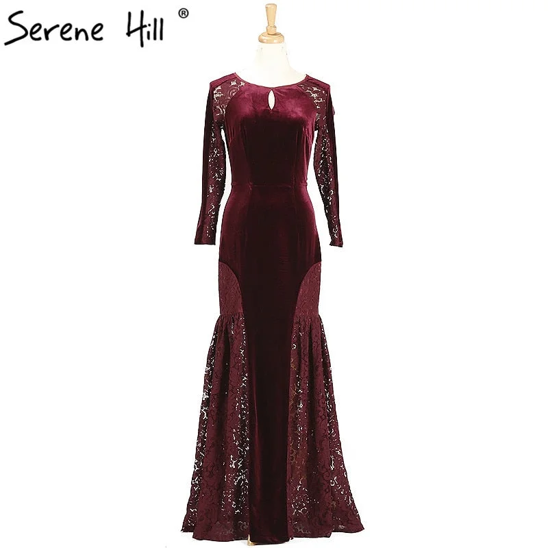 Wine Red Velour Mermaid Evening Dress Long Sleeves Women Formal Dresses Evening Gowns