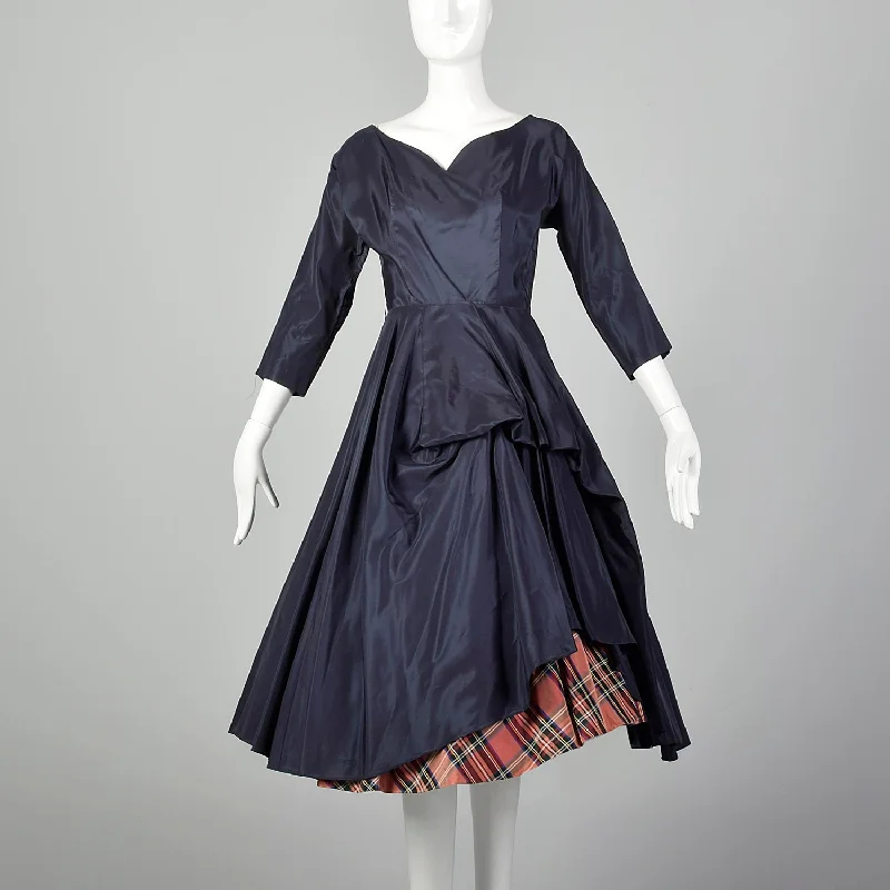XS 1950s Navy Blue Taffeta Dress with Tartan Underskirt