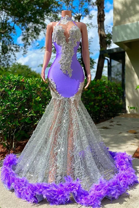 Mermaid High Neck Floor-length Sleeveless Open Back Appliques Lace Beaded Prom Dress With Feather Mermaid High Neck Floor-length Sleeveless Open Back Appliques Lace Beaded Prom Dress With Feather