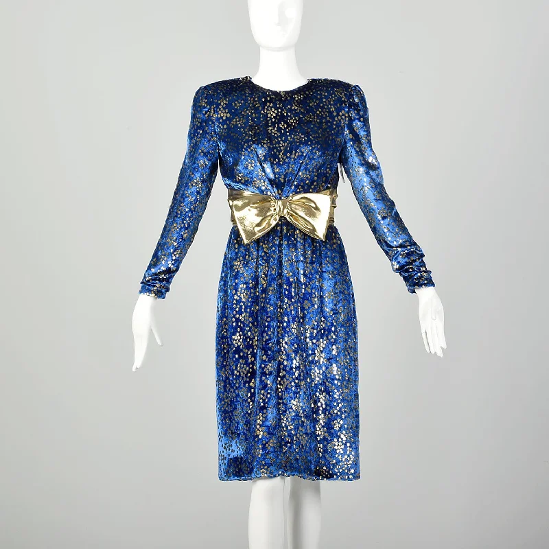 Medium 1980s Blue Velvet Cocktail Dress Long Sleeve Gold Eyelash Lame