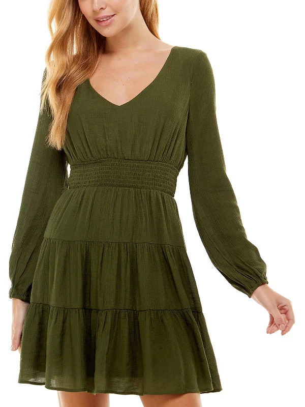Juniors Womens Smocked Long Sleeves Fit & Flare Dress