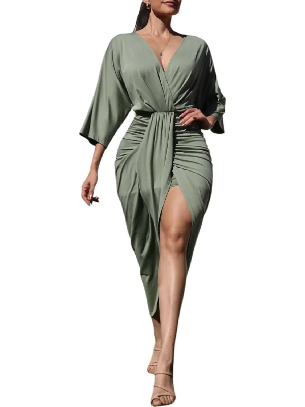 V-Neck Ruched Dress In Sage Green
