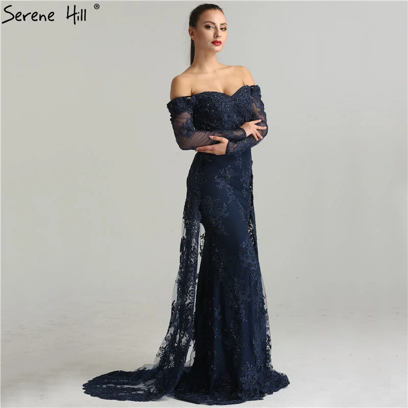 On Sale No Return No Refund  Long Sleeve Embroidery Pearls Sexy Evening Dresses 2024 Fashion Elegant Lace Mermaid Evening Gown LA6377