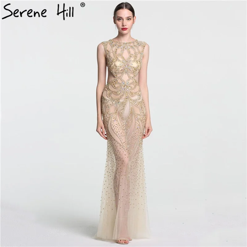 On Sale no return no refundSale Champagne Transparent Sexy Mermaid Evening Dress Sleeveless Sequined Tulle Evening Gowns 2024 Serene Hill LA6156