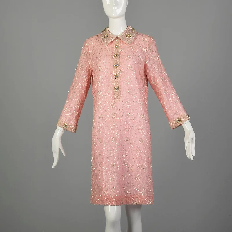 Large 1960s Mod Pink Dress Beaded Lace Long Sleeve Cocktail Party