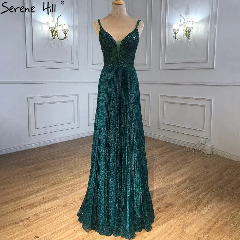 Serene Hill Green A-Line Sexy Prom Dresses 2024 Beaded Spaghetti Strap Graduation School Party Gowns LA71245