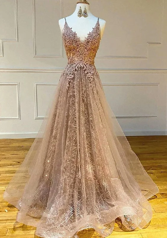 Princess V Neck Sweep Train Lace Tulle Yarn Prom Dress With Glitter