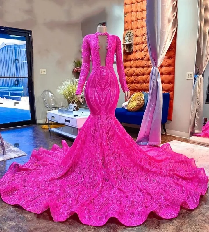 Pink Lace Sexy Fitted Mermaid Style Long Sleeve High Neck African Black Girls Long Prom Dresses Pink Lace Sexy Fitted Mermaid Style Long Sleeve High Neck African Black Girls Long Prom Dresses