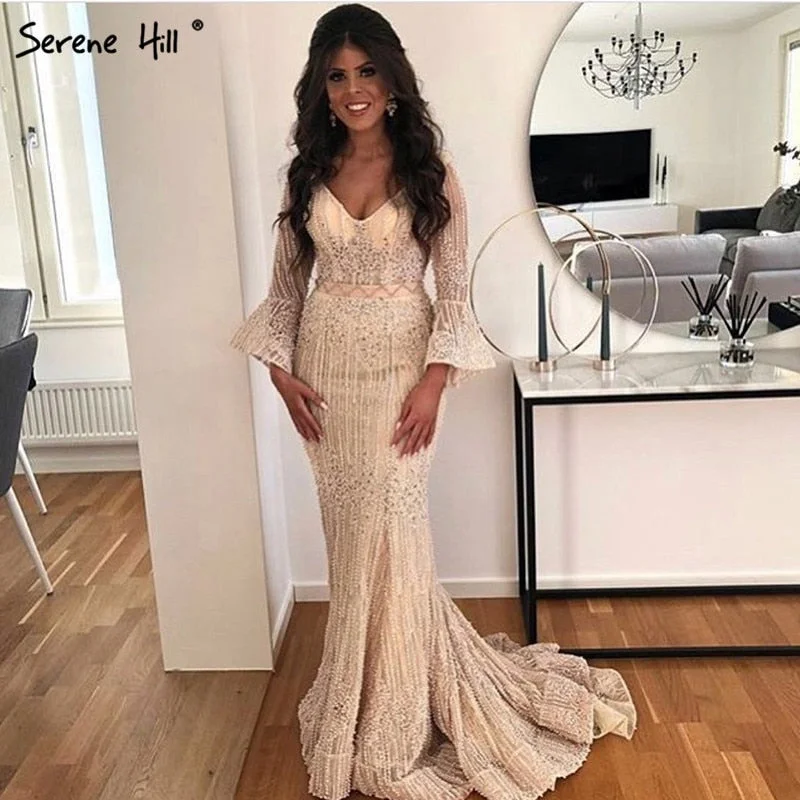 On Sale  no return no refundSale Long Sleeves Fashion Luxury Evening Dresses V-Neck Mermaid Pearls Crystal Sexy Evening Gowns 2024 Serene Hill LA6489