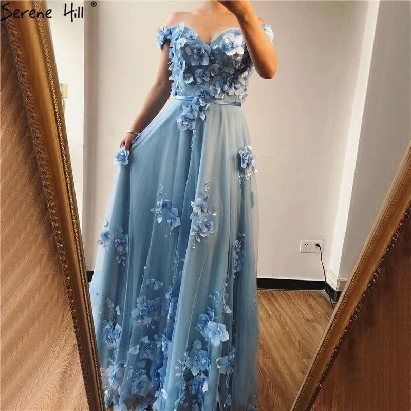 On Sale No Return No Refund Blue Off Shoulder Handmade Flowers Evening Dresses Pearls Sleeveless Sexy A-Line Evening Gowns 2024 Serene Hill LA70189 On Sale No Return No Refund Blue Off Shoulder Handmade Flowers Evening Dresses Pearls Sleeveless Sexy A-Line Evening Gowns 2024 Serene Hill LA70189
