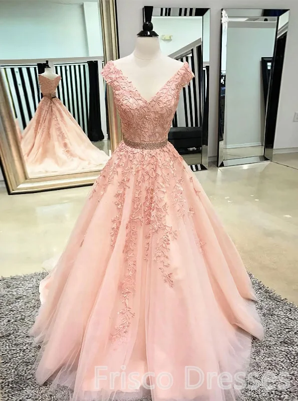 Pink Sleeveless V Neck Tulle Lace Applique Long Prom Dresses