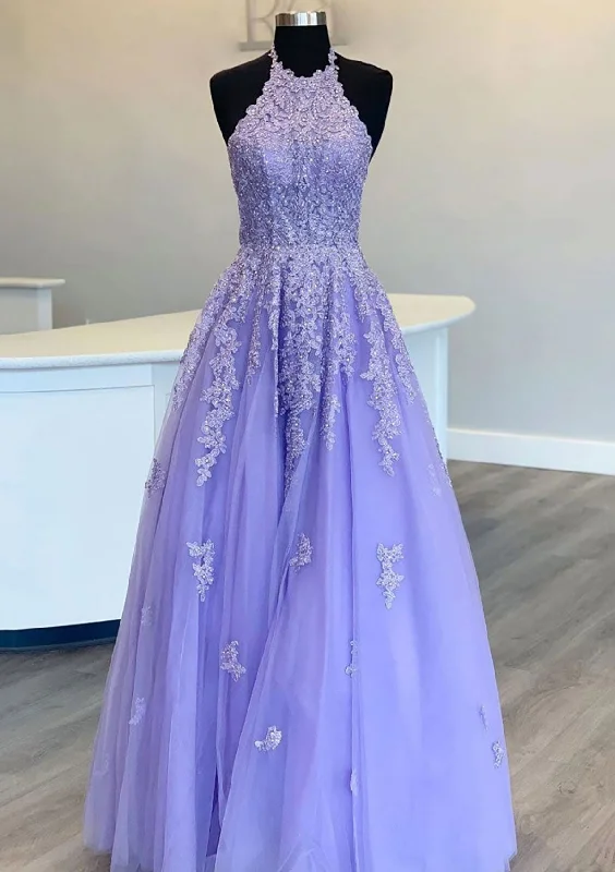 Lavender Prom Dresses, Princess Halter Long/Floor-Length Lace Tulle Prom Dress With Appliqued Beading Lavender Prom Dresses, Princess Halter Long/Floor-Length Lace Tulle Prom Dress With Appliqued Beading