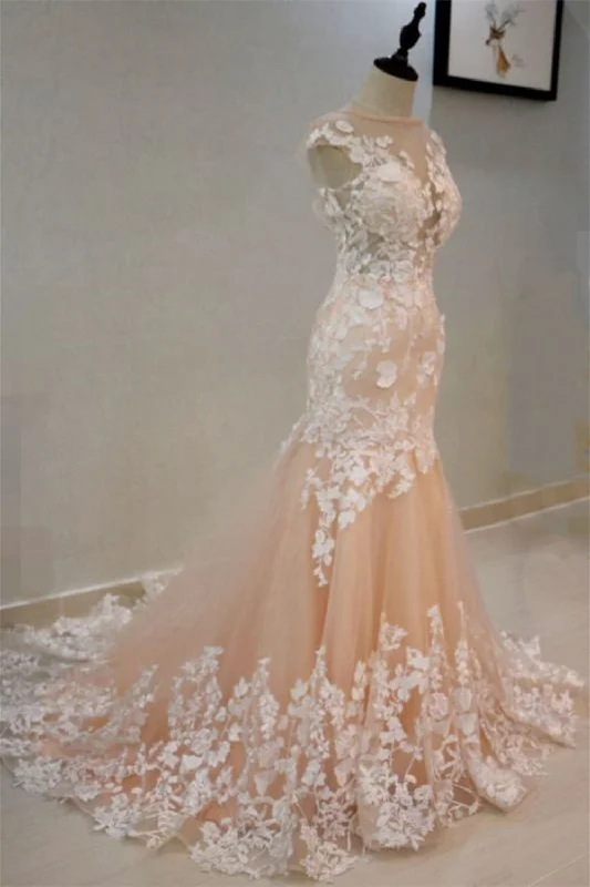 Round Neck Mermaid Champagne Lace Long Prom Dresses,Sexy Formal Dress,Graduation Dresses Round Neck Mermaid Champagne Lace Long Prom Dresses,Sexy Formal Dress,Graduation Dresses