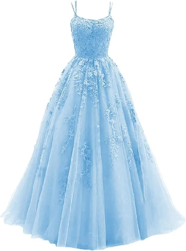 Women's Lace Appliques Prom Dresses Long Spaghetti Strap Ball Gowns Tulle Formal Dress for Party Women's Lace Appliques Prom Dresses Long Spaghetti Strap Ball Gowns Tulle Formal Dress for Party