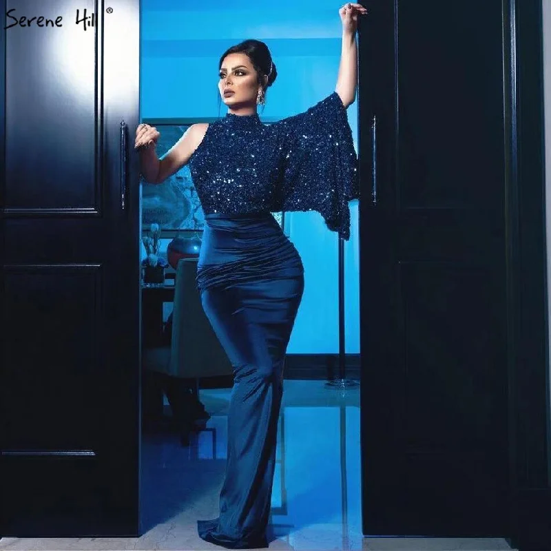 On Sale no return no refundSale Navy Blue Satin Mermaid Sexy Evening Dresses 2024 Sequins One Shoulder Bat Sleeves Formal Dress Serene Hill LA70347