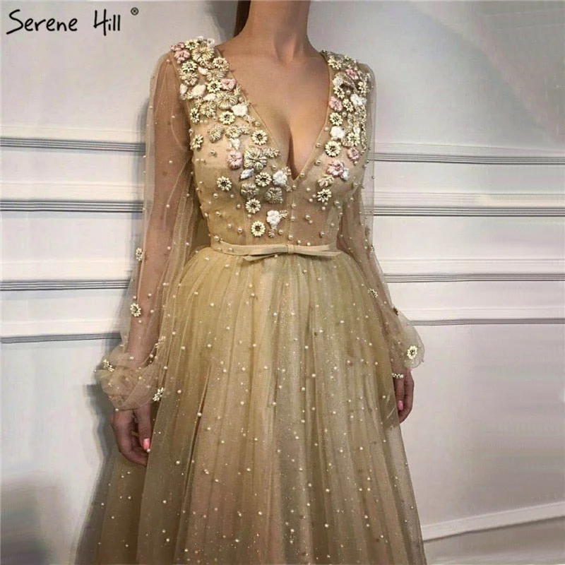 On Sale no return no refundSale Long Sleeves Deep-V Illusion Evening Dresses Colored Flowers LA6483
