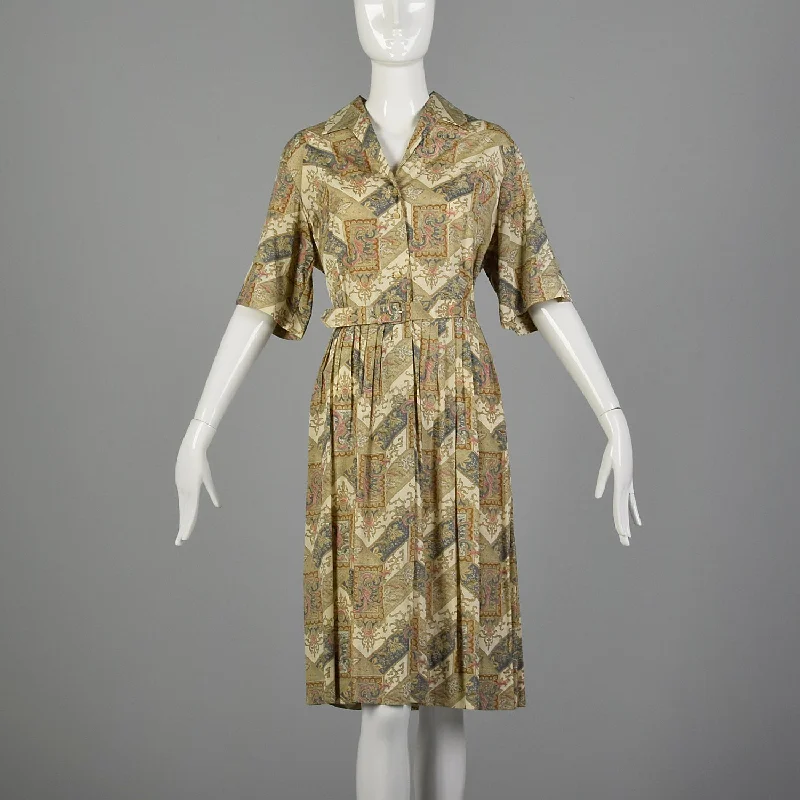 XXL 1950s Ivory Printed Cotton Day Dress