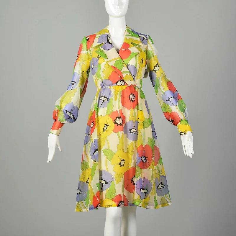 Medium 1970s Dress Cute Poppy Print Colorful Long Sleeve