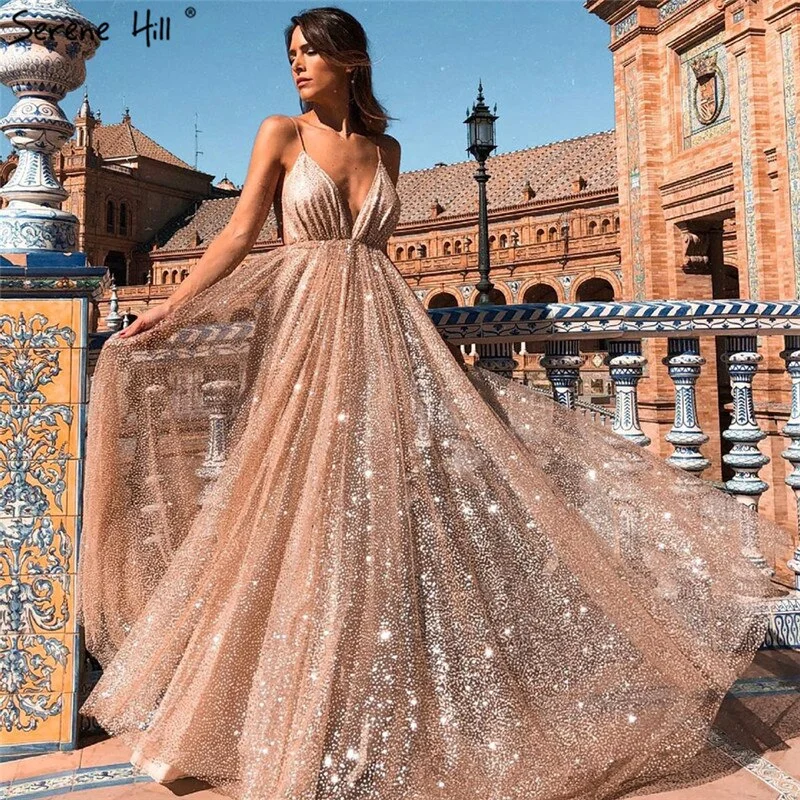 Dubai V-Neck Backless Glitter Sexy Prom Dresses Champagne Vintage Beach Evening Gowns 2024 Serene Hill LA60752 Dubai V-Neck Backless Glitter Sexy Prom Dresses Champagne Vintage Beach Evening Gowns 2024 Serene Hill LA60752
