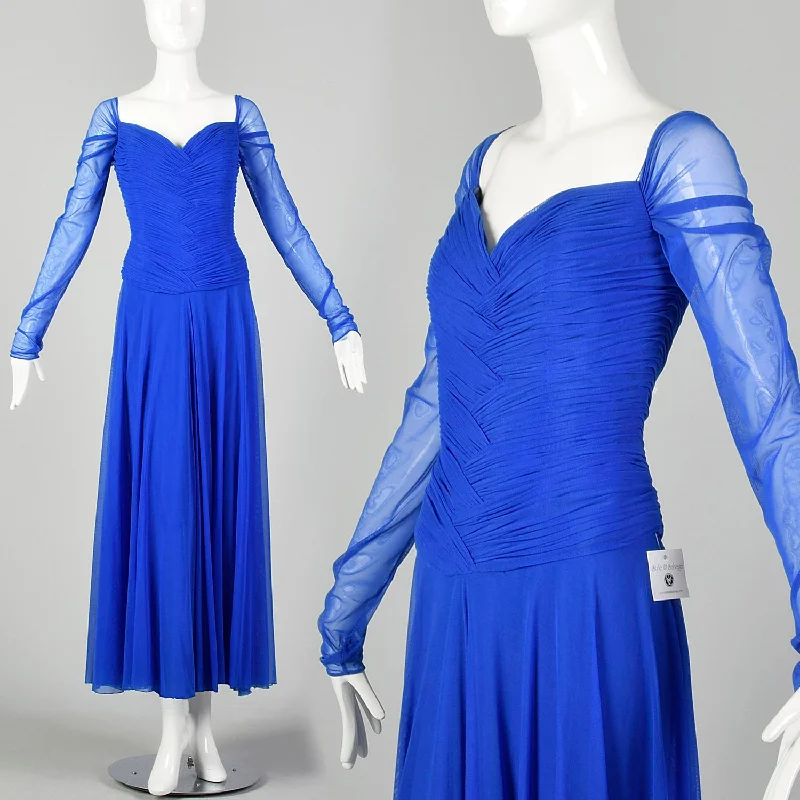 Large 1980s Dress Vicky Tiel Blue Mesh Gown Long Sheer Sleeves Ruched Bodice Sweetheart Neckline Large 1980s Dress Vicky Tiel Blue Mesh Gown Long Sheer Sleeves Ruched Bodice Sweetheart Neckline