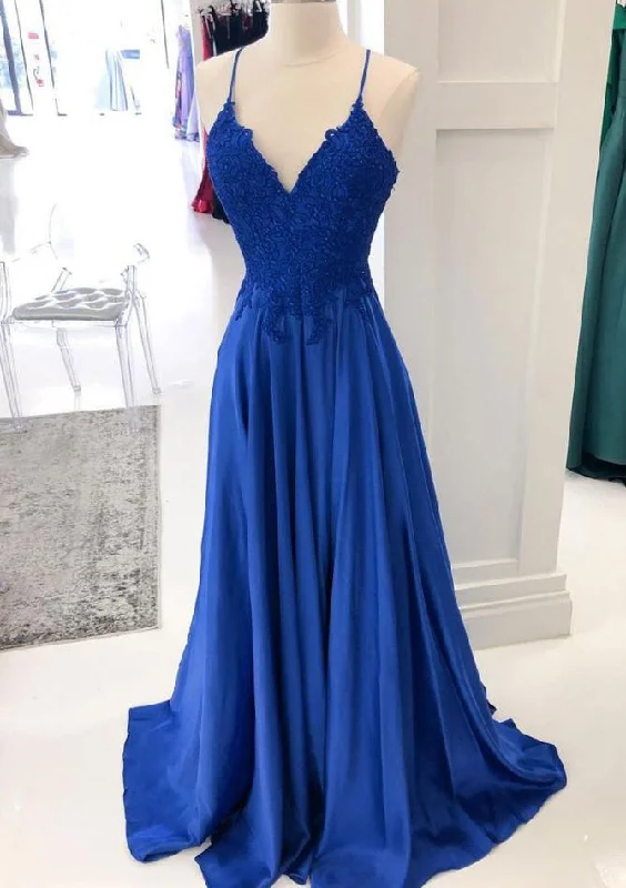 Royal Blue Prom Dresses, A-line V Neck Sleeveless Long/Floor-Length Charmeuse Prom Dress With Appliqued Beading Lace Royal Blue Prom Dresses, A-line V Neck Sleeveless Long/Floor-Length Charmeuse Prom Dress With Appliqued Beading Lace