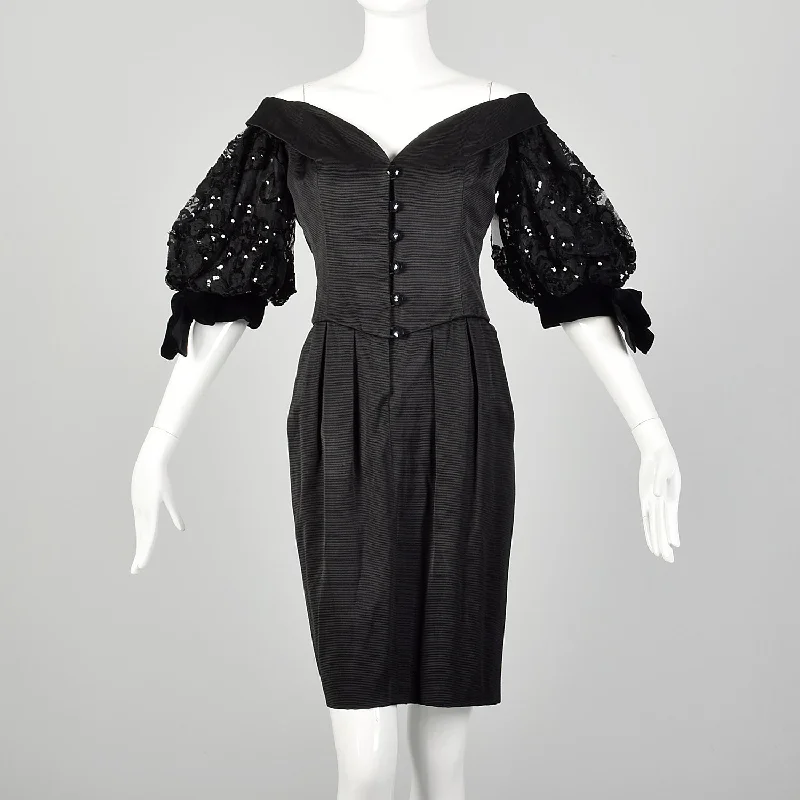 1980s Belleville  Sassoon Off Shoulder Black Cocktail Dress