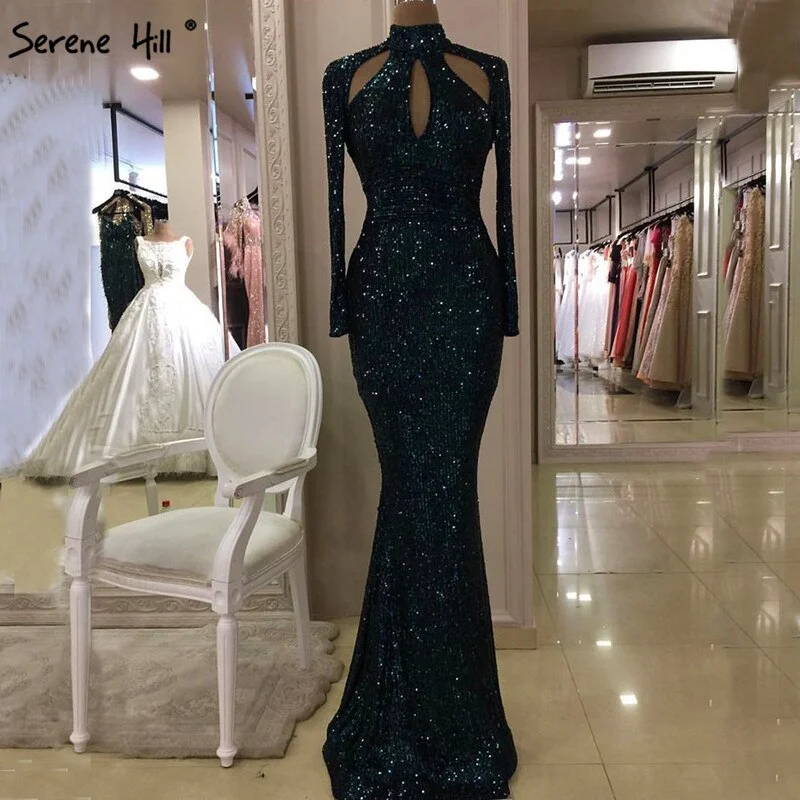 On Sale No Return No Refund  New Designer Green High Neck Sexy Evening Dresses 2024 Sequined Long Sleeves Fashion Luxury For Women Party LA6314