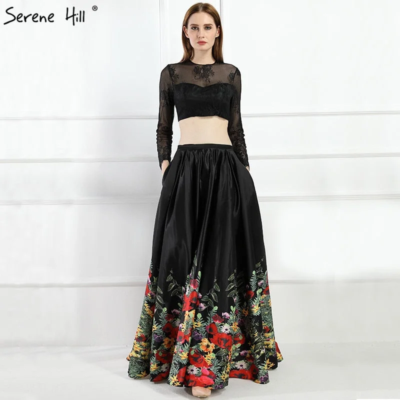 Sale Black Two Pieces Satin Prom Dresses Long Sleeves Pattern Flowers A-Line LA6184