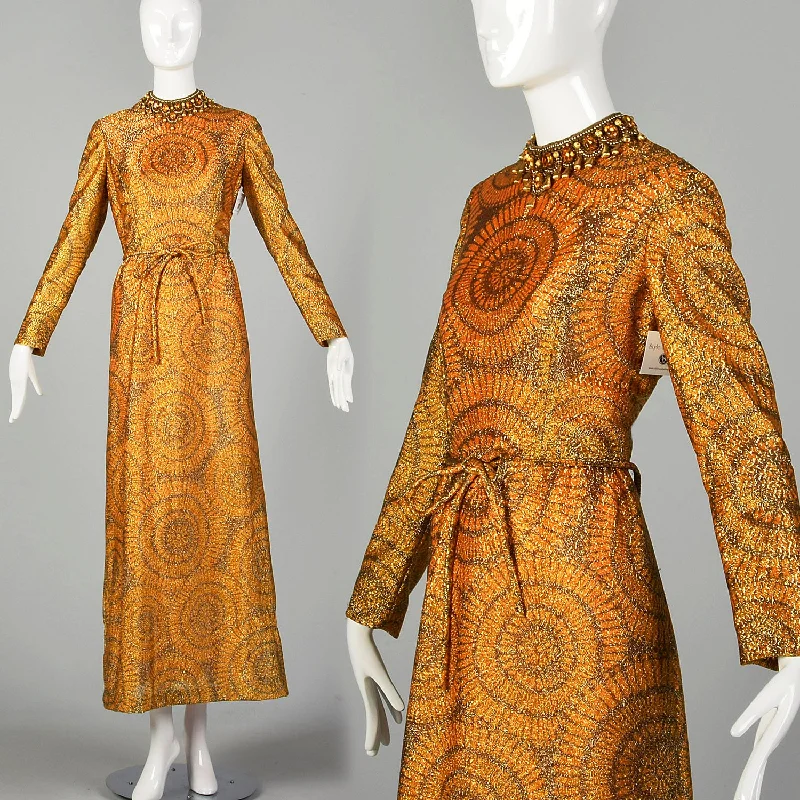 1970s Adele Simpson Evening Dress Metallic Orange Formal Gown with Long Sleeves