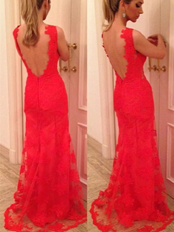 Custom Made V Neck Back Mermaid Backless Red Lace Prom Dresses, Red Lace Formal Dresses Custom Made V Neck Back Mermaid Backless Red Lace Prom Dresses, Red Lace Formal Dresses