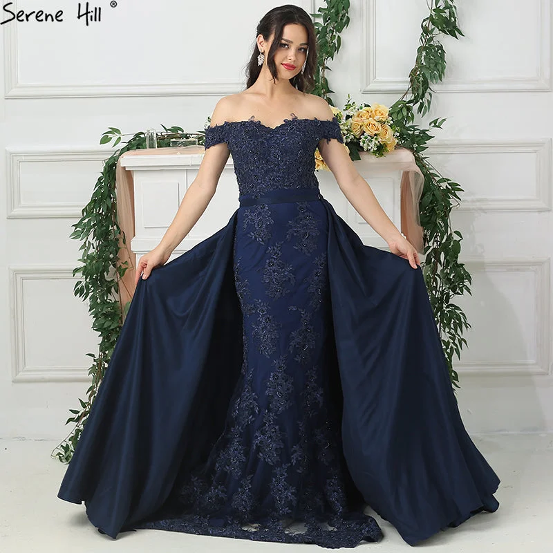 On Sale no return no refundSale Off Shoulder Navy Lace  Evening Dresses Beading Sleeveless Evening Gown LA6565