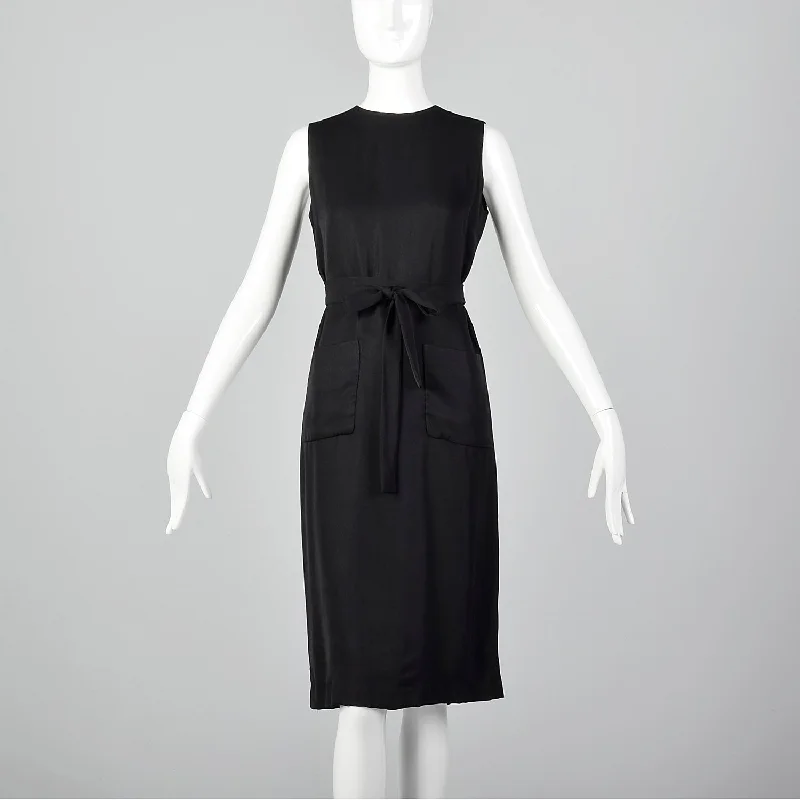1960s Classic Little Black Dress Belted Sleeveless Shift with Patch Pockets