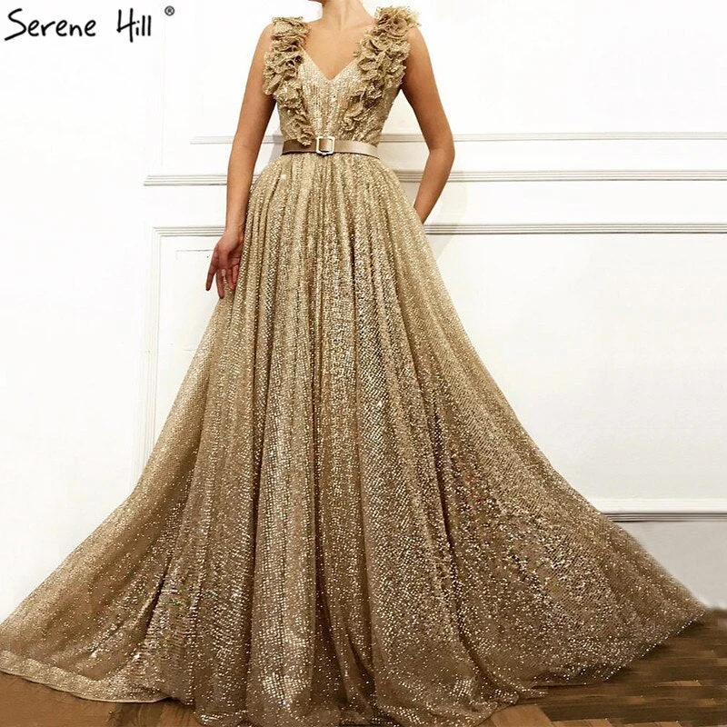 On Sale No Return No Refund Dubai V-Neck Sleeveless Luxury Evening Gown Designs 2024 Sequined Sashes Sexy Tulle Evening Dresses Serene Hill LA60796