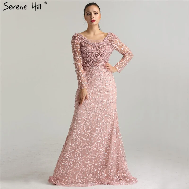 On Sale No Return No Refund Luxury Pink Pearls Lace Evening Dresses 2024 Mermaid Embroidery Long Sleeves Formal Evening Gowns Serene Hill LA6408