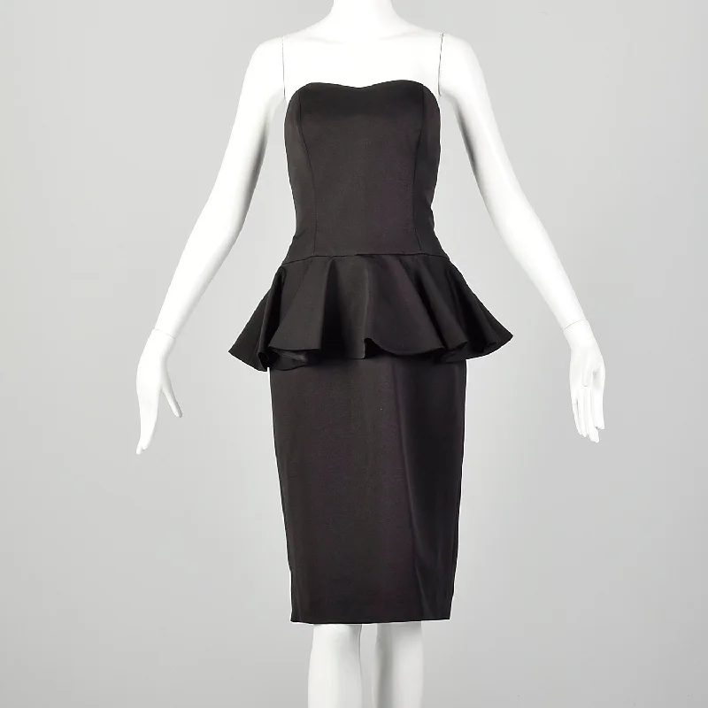 XS 1980s Black Peplum Cocktail Dress Strapless Sexy Party Pencil Dress