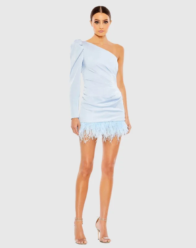 Feather Trim One Shoulder Draped Mini Dress Cozy Satin Mini Dress