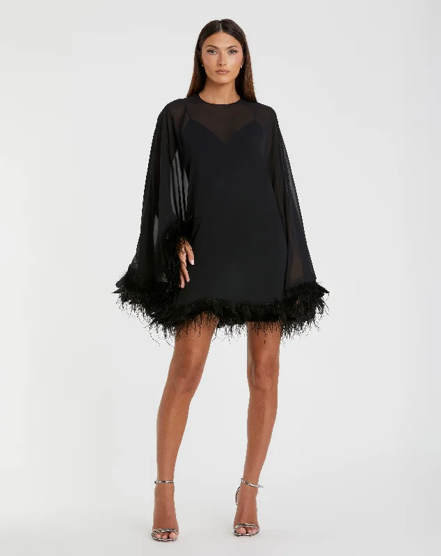 Trapeze Feather Trim Mini Dress Cozy Ribbed Mini Dress