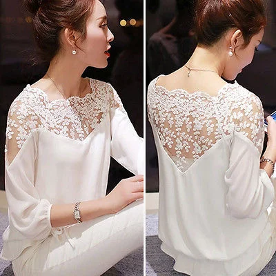 2019 New Sexy Fashion Women Hollow Out Lace Chiffon Blouse Casual Ladies Elegant Lace Shirt Chic Button-Up Short Shirt 2019 New Sexy Fashion Women Hollow Out Lace Chiffon Blouse Casual Ladies Elegant Lace Shirt Chic Button-Up Short Shirt