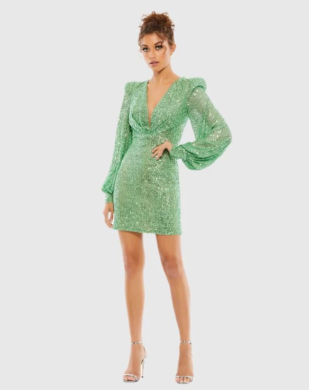 Sequined Structured Bishop Sleeve Mini Dress Cozy T-Shirt Mini Dress