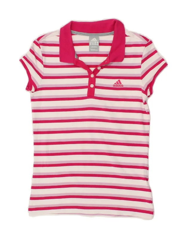 ADIDAS Womens Polo Shirt UK 10 Small Pink Striped Cotton Classic Button-Up Short Tee