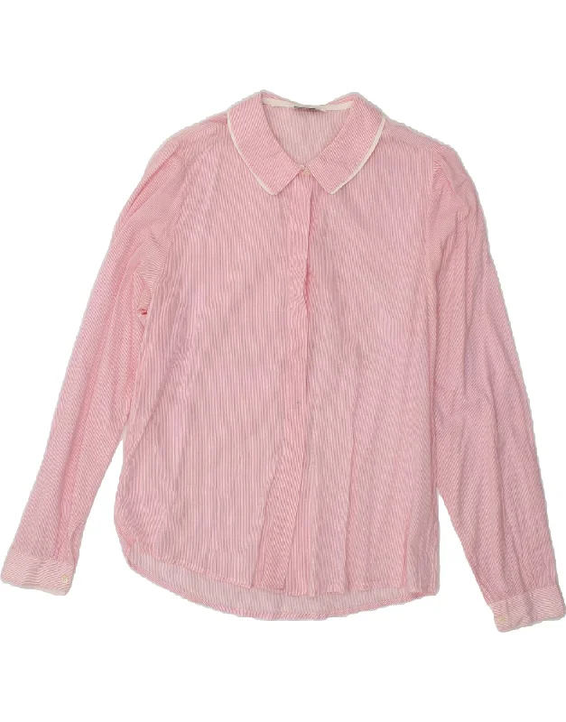 BENETTON Womens Shirt Blouse UK 16 Large Pink Pinstripe Cotton Elegant High-Low Short Shirt