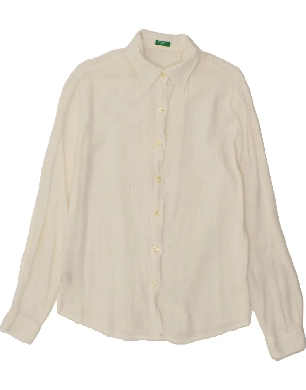 BENETTON Womens Shirt UK 12 Medium White Cotton Trendy Button-Front Short Sleeve