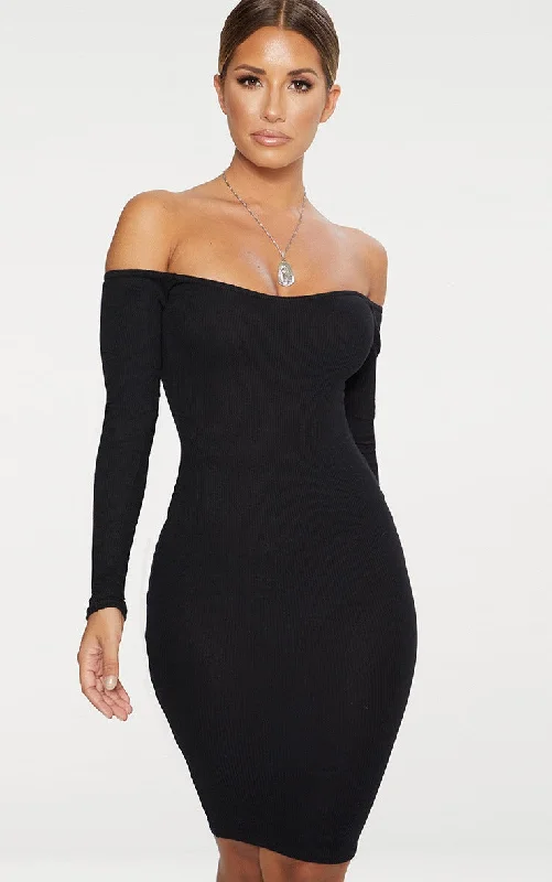 BLACK BARDOT RIBBED LONG SLEEVE MIDI DRESS Chic Lace Detail Midi Dress