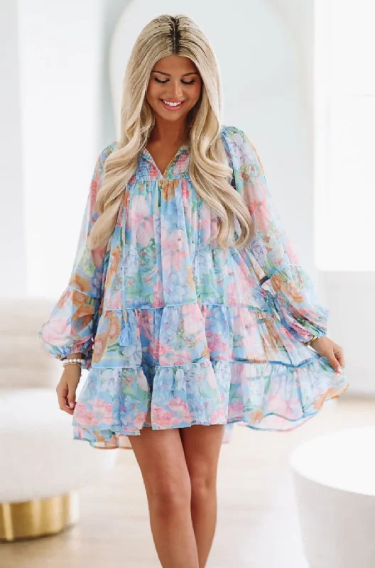 Bloom Time Mini Dress - Blue Trendy A-Line Mini Dress