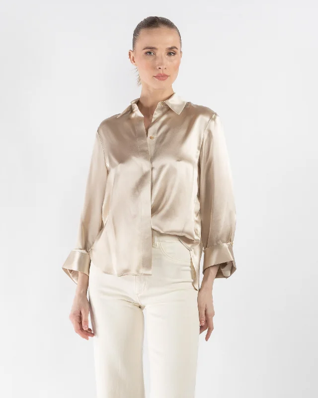 Boyfriend Silk Shirt Stylish Split-Hem Short Shirt