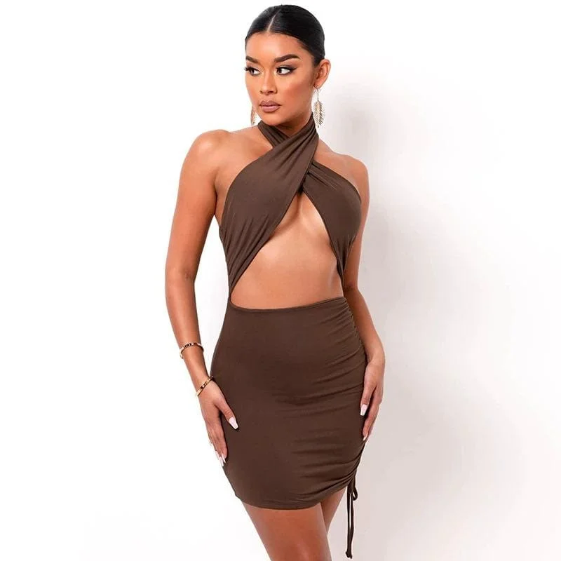 Brown Halter Wrap Ruched Cutout Mini Dress Fashionable Mini Dress with Frills