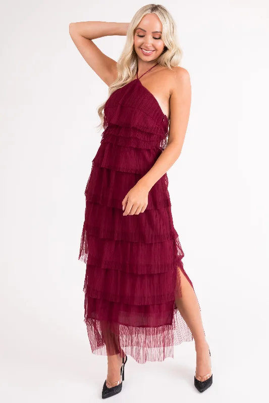 Burgundy Halter Tiered Pleated Tulle Midi Dress Trendy Midi Dress with Belt