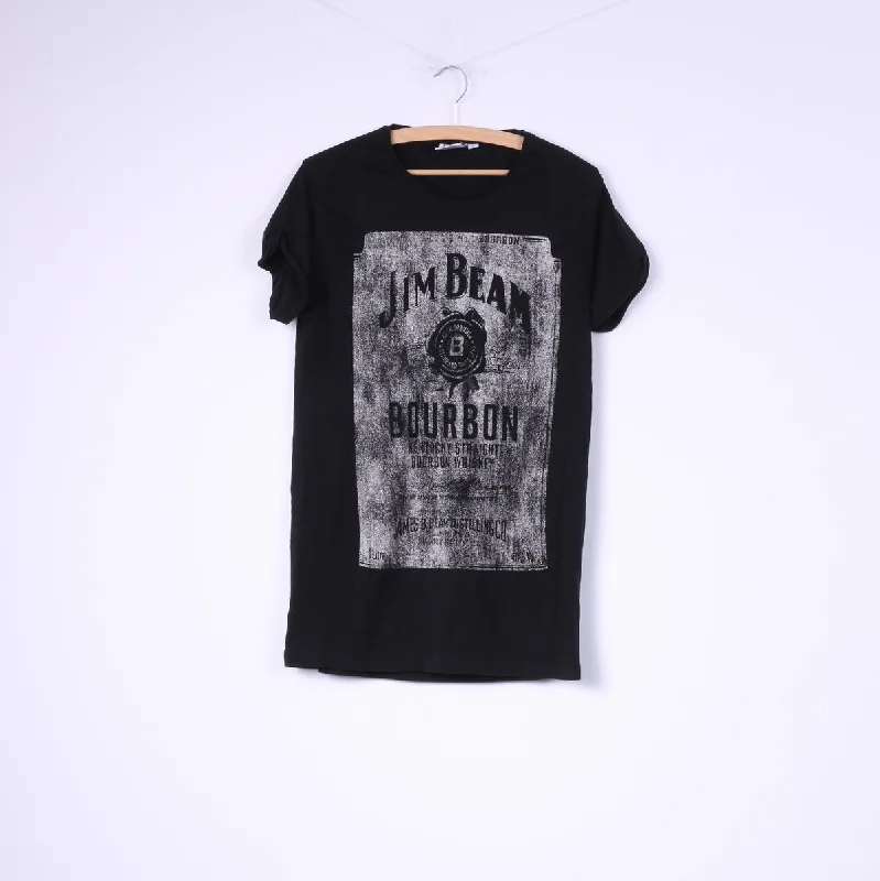 Cedar Wood State Jim Beam Women L Shirt Black Cotton Graphic Bourbon Top Classic Short Sleeve Tunic