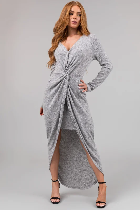 Chloe Heather Grey Two Tone Long Sleeve Twist Knot Midi Dress Stylish Long Sleeve Floral Midi Dress